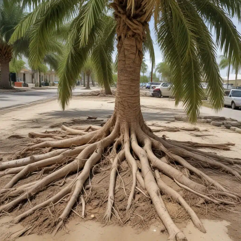 Managing palm tree root systems to prevent damage to infrastructure